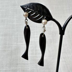 Vintage MCM Wood Carved Fish Dangle Earrings